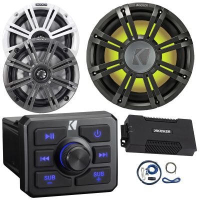 Kicker 51KBTR Marine Bluetooth Powersport USB/AUX Sub RCA Outputs Receiver, 2X 6.5 195W Max Coaxial Speakers W/Grilles, 10" 350W Max Subwoofer W/White LED Grilles, 4 Channel Amplifier W/Kit