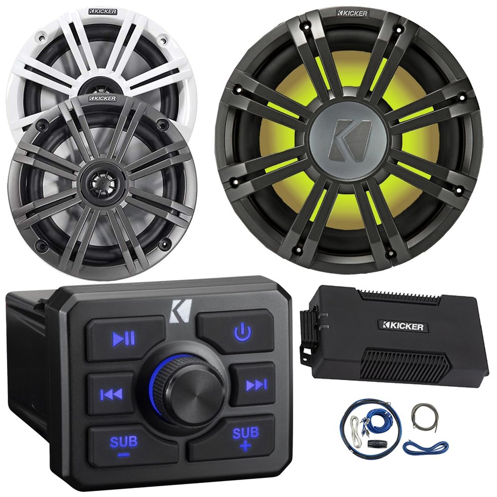 Kicker 51KBTR Marine Bluetooth Powersport USB/AUX Sub RCA Outputs Receiver, 2X 6.5 195W Max Coaxial Speakers W/Grilles, 10" 350W Max Subwoofer W/White LED Grilles, 4 Channel Amplifier W/Kit
