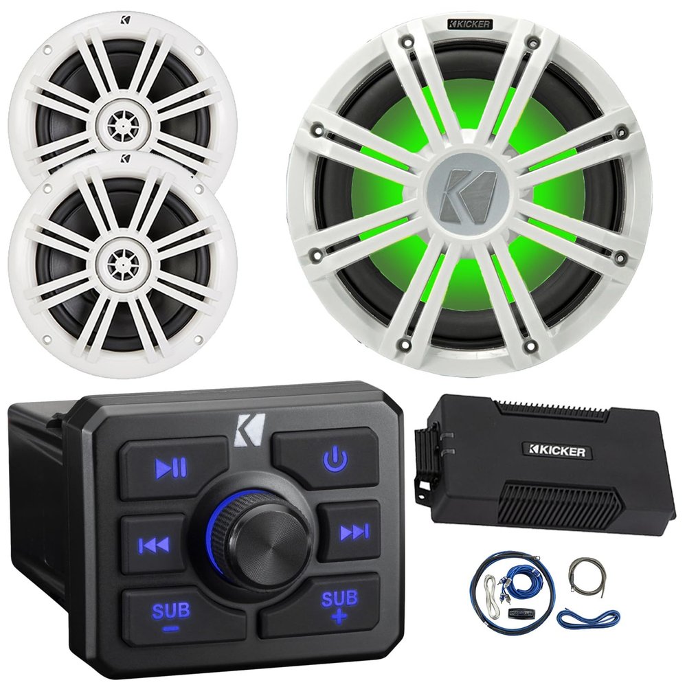 KICKER 51KBTR Marine Bluetooth Powersport USB/AUX Sub RCA Outputs Receiver, 2X 6.5 150W Max 2-Way Coaxial White Boat Speakers, 10" 350W Max Subwoofer W/White LED Grilles, 4 Channel Amplifier W/Kit