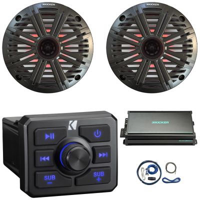 Kicker 51KBTR Marine Bluetooth Powersport USB/AUX Sub RCA Outputs Receiver, 2X 6.5 195W Max 4 Ohm RGB LED Coaxial Speakers W/Grille, 4-Channel Weather-Resistant Full-Range Amplifier W/Kit (Charcoal)