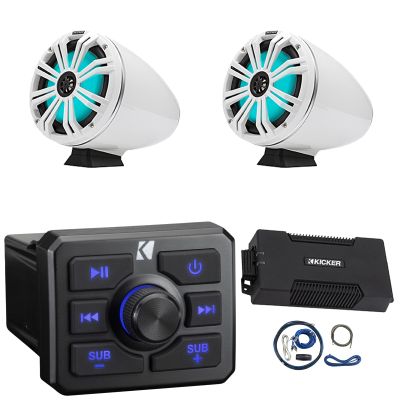KICKER 51KBTR Marine Bluetooth Powersport USB/AUX Sub RCA Outputs Receiver, 2X 8 300 Watt Max Power RGB LED White Tower Boat Speakers, 4 Channel Class D 800 Watt Max Dynamic Power Amplifier W/Kit