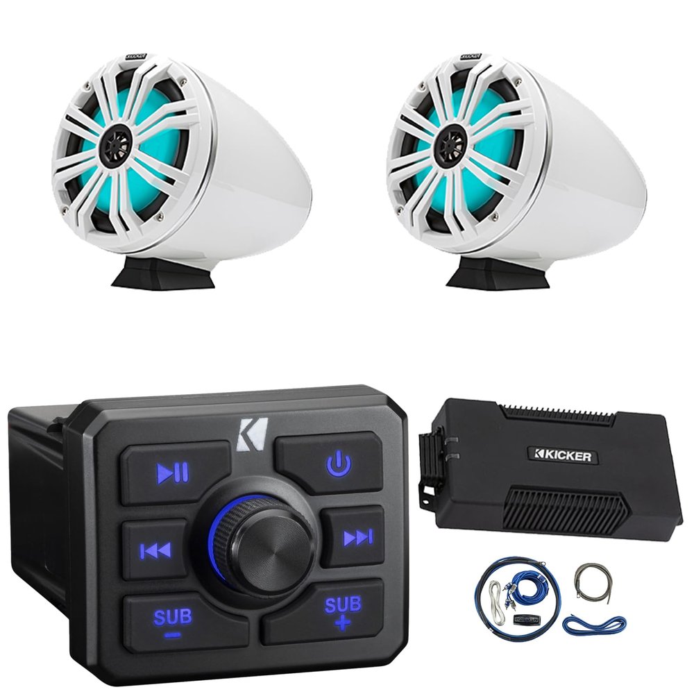KICKER 51KBTR Marine Bluetooth Powersport USB/AUX Sub RCA Outputs Receiver, 2X 8 300 Watt Max Power RGB LED White Tower Boat Speakers, 4 Channel Class D 800 Watt Max Dynamic Power Amplifier W/Kit