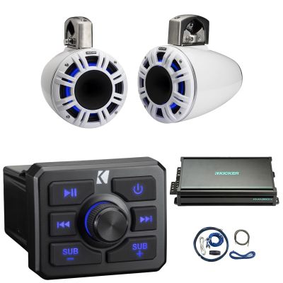 KICKER 51KBTR Marine Bluetooth Powersport USB/AUX Sub RCA Outputs Receiver, 2X 8 500W Max Power Tower LED System Speakers, 4-Channel 90 Watts x 4 Weather-Resistant Full-Range Amplifier W/Kit (White)