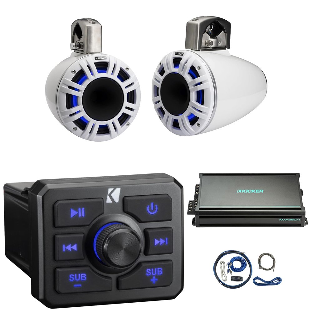 KICKER 51KBTR Marine Bluetooth Powersport USB/AUX Sub RCA Outputs Receiver, 2X 8 500W Max Power Tower LED System Speakers, 4-Channel 90 Watts x 4 Weather-Resistant Full-Range Amplifier W/Kit (White)