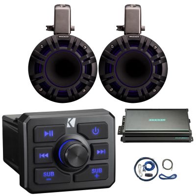 KICKER 51KBTR Marine Bluetooth Powersport USB/AUX Sub RCA Outputs Receiver, 2X 6.5 300W Max LED Tower System Speakers, 4-Channel 90 Watts x 4 Weather-Resistant Full-Range Amplifier W/Kit