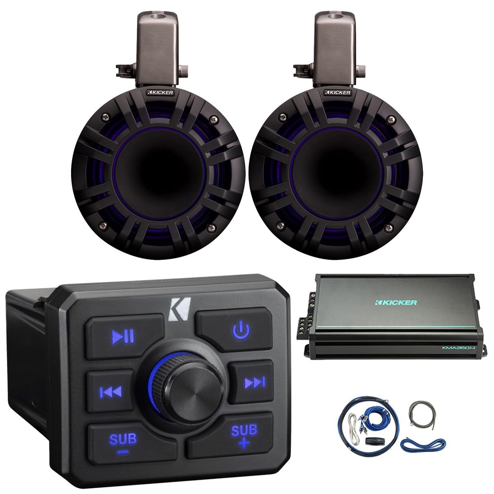 KICKER 51KBTR Marine Bluetooth Powersport USB/AUX Sub RCA Outputs Receiver, 2X 6.5 300W Max LED Tower System Speakers, 4-Channel 90 Watts x 4 Weather-Resistant Full-Range Amplifier W/Kit
