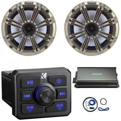 KICKER 51KBTR Marine Bluetooth Powersport USB/AUX Sub RCA Outputs Receiver, 2X 6.5 195 Watts Max Power 4 Ohm Coaxial Speakers W/Grille, 4-Channel Weather-Resistant Full-Range Amplifier W/Kit (Silver)