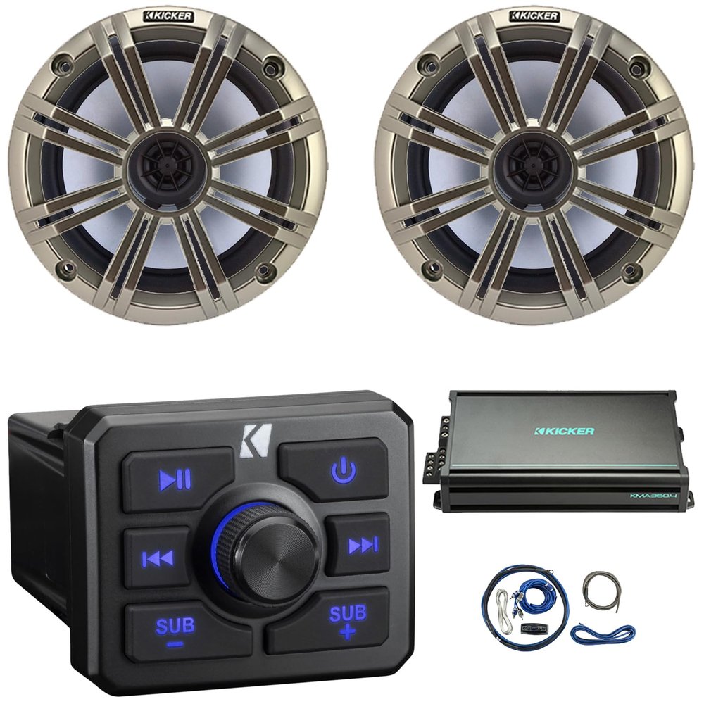 KICKER 51KBTR Marine Bluetooth Powersport USB/AUX Sub RCA Outputs Receiver, 2X 6.5 195 Watts Max Power 4 Ohm Coaxial Speakers W/Grille, 4-Channel Weather-Resistant Full-Range Amplifier W/Kit (Silver)