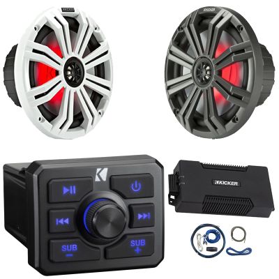 KICKER 51KBTR Marine Bluetooth Powersport USB/AUX Sub RCA Outputs Receiver, 2X 6.5 130W Max Thin-Mount RGB LED Boat Speakers W/White and Silver Grilles, 4 Channel Class D 800 Watt Amplifier W/Kit