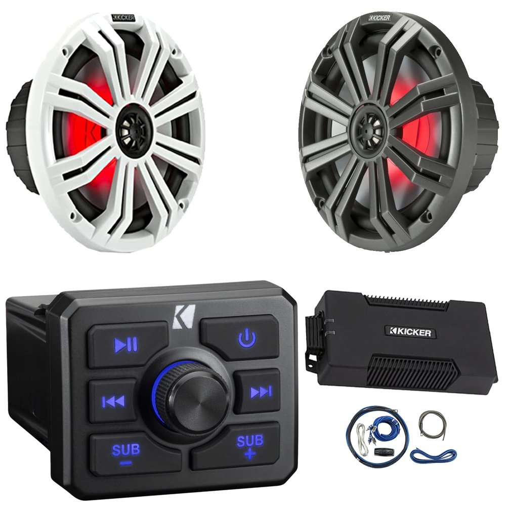 KICKER 51KBTR Marine Bluetooth Powersport USB/AUX Sub RCA Outputs Receiver, 2X 6.5 130W Max Thin-Mount RGB LED Boat Speakers W/White and Silver Grilles, 4 Channel Class D 800 Watt Amplifier W/Kit