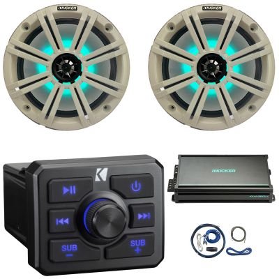 KICKER 51KBTR Marine Bluetooth Powersport USB/AUX Sub RCA Outputs Receiver, 2X 8 300W Max Power RGB LED Boat Audio Speakers W/Grille, 4-Channel Weather-Resistant Full-Range Amplifier W/Kit