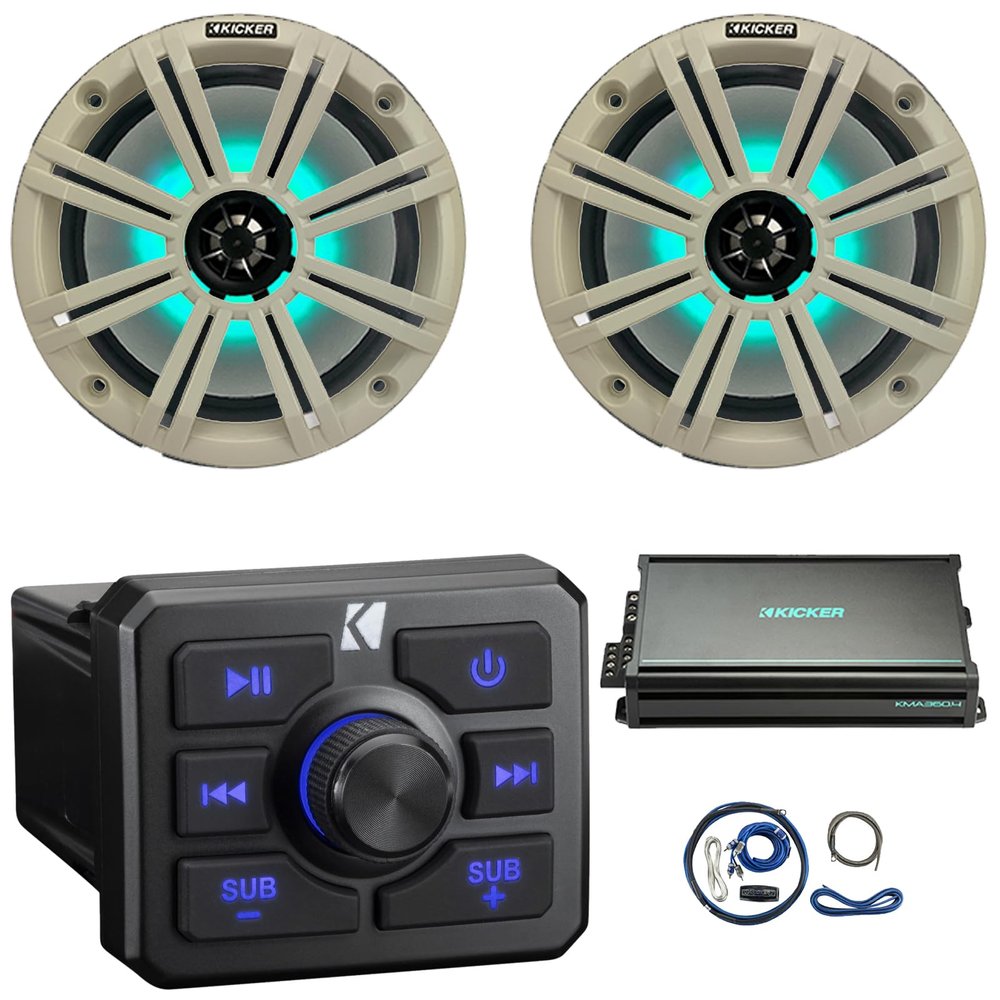 KICKER 51KBTR Marine Bluetooth Powersport USB/AUX Sub RCA Outputs Receiver, 2X 8 300W Max Power RGB LED Boat Audio Speakers W/Grille, 4-Channel Weather-Resistant Full-Range Amplifier W/Kit