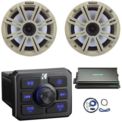KICKER 51KBTR Marine Bluetooth Powersport USB/AUX Sub RCA Outputs Receiver, 2X 6.5 195 Watts Max Power 4 Ohm Coaxial Speakers W/Grille, 4-Channel Weather-Resistant Full-Range Amplifier W/Kit (White)