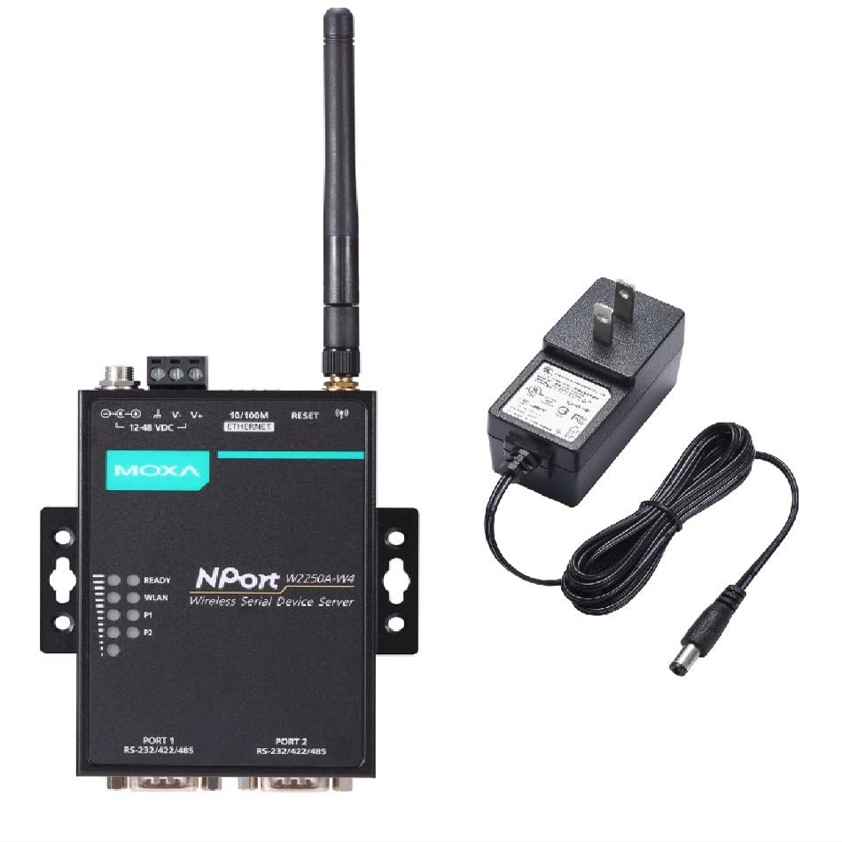 NPort W2250A-W4-US with Adapter- Wireless Device Server, 2* RS-232/422/485, US Plug, 12 to 48 VDC , 0 to 55C (Moxa)