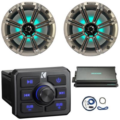KICKER 51KBTR Marine Bluetooth Powersport USB/AUX Sub RCA Outputs Receiver, 2X 8 300W Max Power RGB LED Boat Audio Speakers W/Grille, 4-Channel Weather-Resistant Full-Range Amplifier W/Kit (Silver)