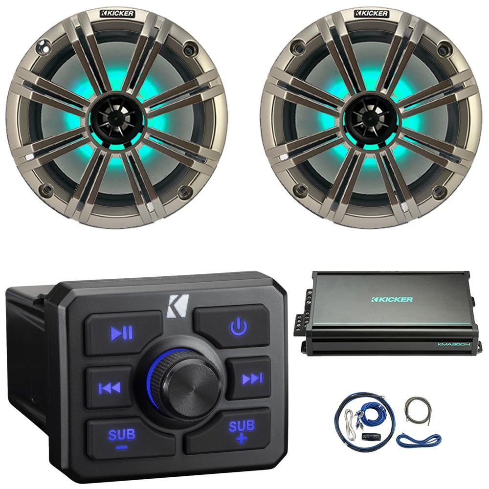 KICKER 51KBTR Marine Bluetooth Powersport USB/AUX Sub RCA Outputs Receiver, 2X 8 300W Max Power RGB LED Boat Audio Speakers W/Grille, 4-Channel Weather-Resistant Full-Range Amplifier W/Kit (Silver)