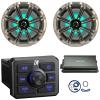 KICKER 51KBTR Marine Bluetooth Powersport USB/AUX Sub RCA Outputs Receiver, 2X 8 300W Max Power RGB LED Boat Audio Speakers W/Grille, 4-Channel Weather-Resistant Full-Range Amplifier W/Kit (Silver) view 1