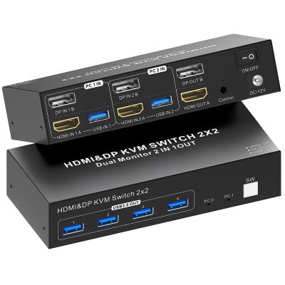 4K HDMI+DP (Displayport) KVM, Dual Monitor KVM Switch- 4K@60Hz, HDMI+DP (Displayport) KVM Switch with 4 USB 3.0 Ports, Wired Remote & 2 USB 3.0 Cables Included