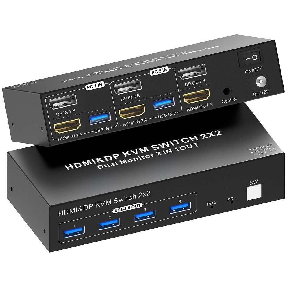 4K HDMI+DP (Displayport) KVM, Dual Monitor KVM Switch- 4K@60Hz, HDMI+DP (Displayport) KVM Switch with 4 USB 3.0 Ports, Wired Remote & 2 USB 3.0 Cables Included