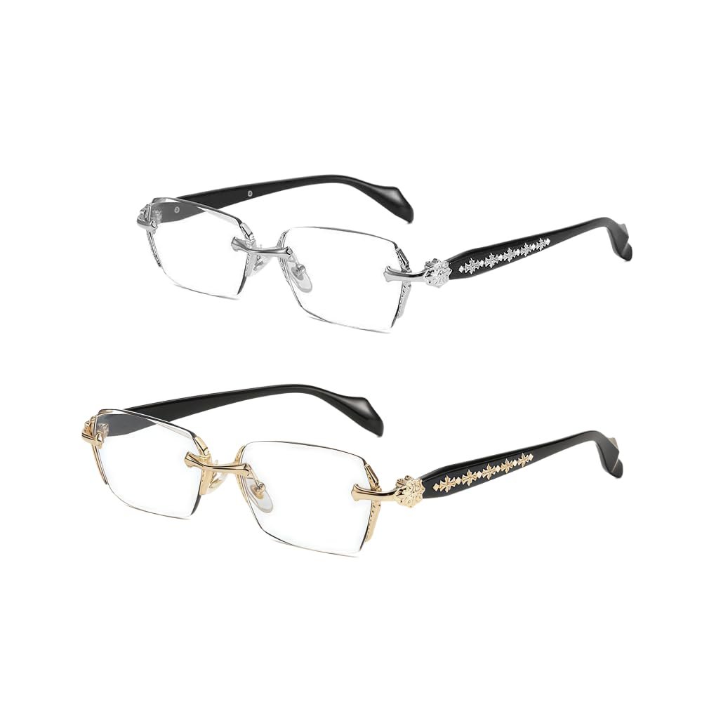 Oversized Rimless Blue Light Glasses - Unisex Eyewear, Anti-Fatigue, Clear Lens for Office, Computer, Reading & Daily Use (Gold + Silver)