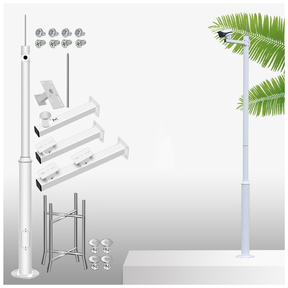 Outdoor Security Camera Pole Set with Brackets and Rebar Cage for Parking Lots and Yard Surveillance (White 5m Height)