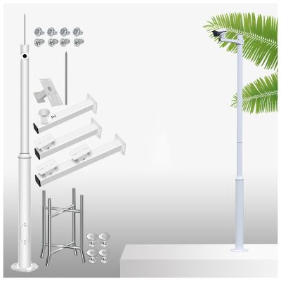 Outdoor Security Camera Pole Set with Brackets and Rebar Cage for Parking Lots and Yard Surveillance (White 2.5m Height)