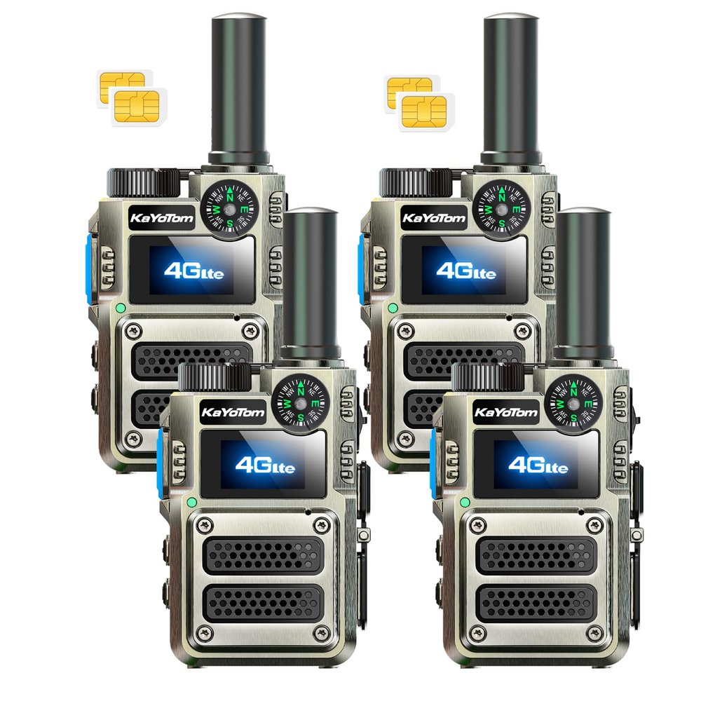 KAYOTOM Unlimited Range Walkie Talkies with Lifetime Free SIM | 4G LTE POC for Global Push-to-Talk Over Cellular | Ideal for Business, Security, Construction & Outdoor | (Compass, 4-Packs)