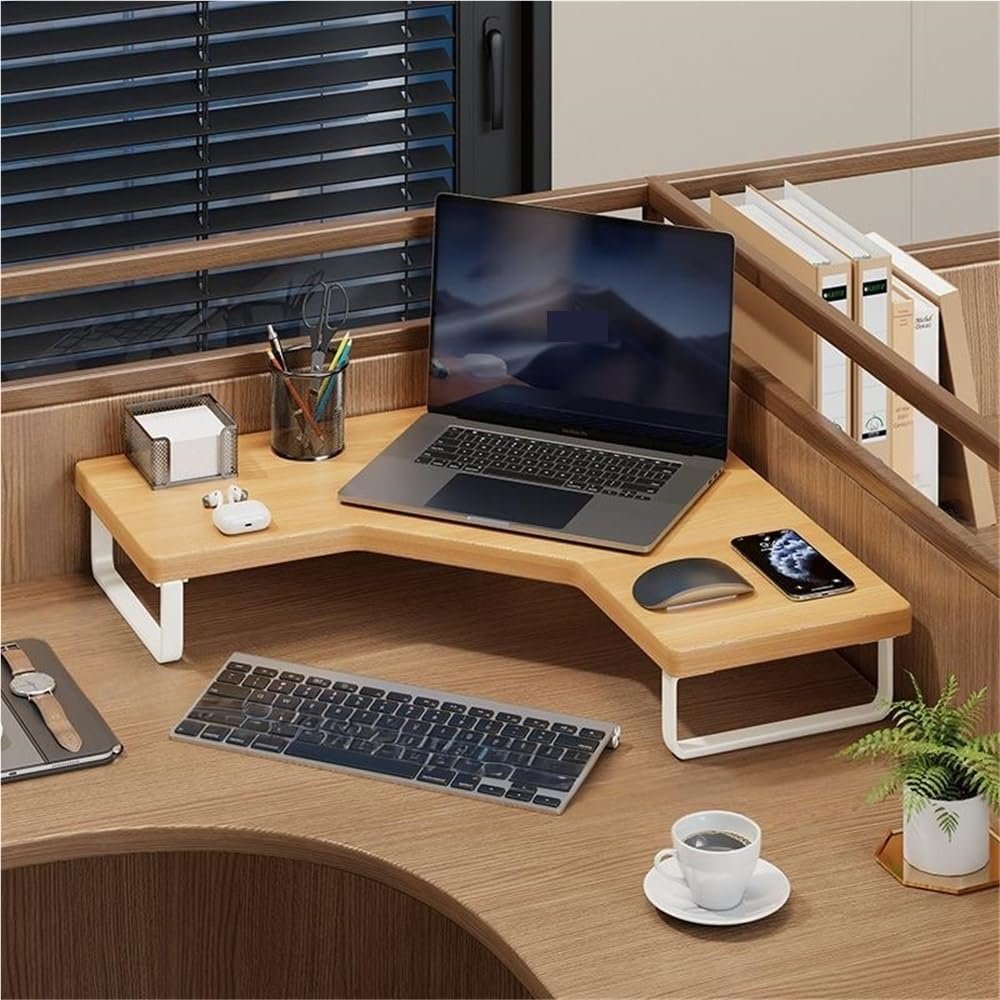 Vpswekans Solid Wood Corner Monitor Stand, Space Saving Laptop Stand with Metal Legs, Monitor Riser for Desktop Computer, Office Desk Accessories(Natural,Small)