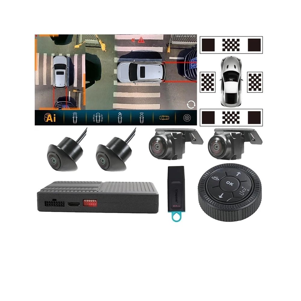 360 Degree Panoramic View HD 1080P AI Intelligent Object Recognition Reminder 3D Bird Eye View Car Camera System(With Calibration 64G)