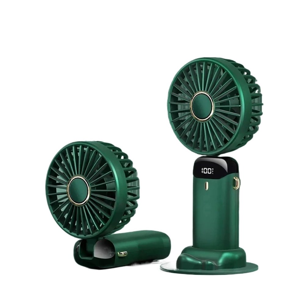 Handheld Fan Foldable Portable Neck Hanging 5 Speed USB Rechargeable Fan with Stand and Display Screen(N15-Green)