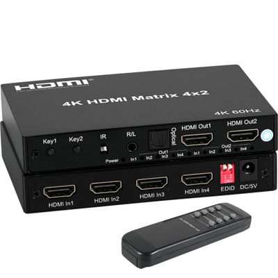 4K 4x2 HDMI Matrix Switch with 3.5mm Stereo Audio Extractor and Audio Optic Output, 4 in 2 Out Video Switcher&Splitter, Support HDMI 2.0 4K@60Hz