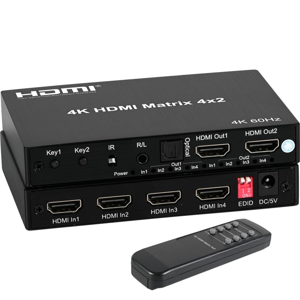 4K 4x2 HDMI Matrix Switch with 3.5mm Stereo Audio Extractor and Audio Optic Output, 4 in 2 Out Video Switcher&Splitter, Support HDMI 2.0 4K@60Hz