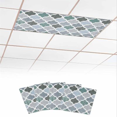 Fluorescent Light Covers for Ceiling Lights 4 Pack, Green Grey Morocco Pattern Magnetic Classroom Light Covers 4x2 Feet, Turquoise Modern Moroccan Geometric Fluorescent Ceiling Filters for Office