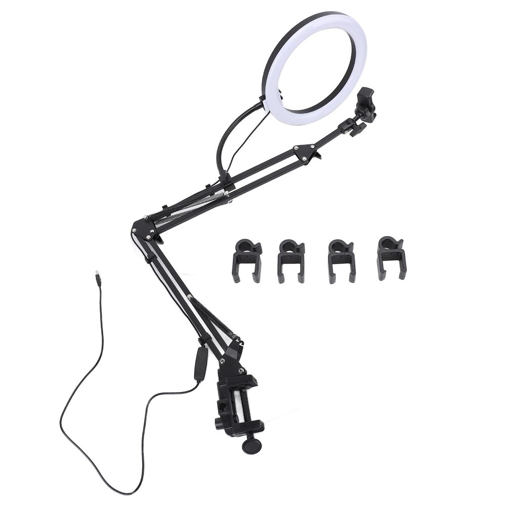 10.24in Ring Light with Overhead Phone Mount, 5cm Heavy Duty Clamp, Dimmable LED Desk Lamp for Makeup, TikTok Videos, YouTube, Live Streaming, Cooking, Online Teaching, Vlog