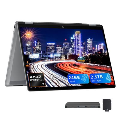 HP OmniBook X Flip 14" 2K Touch-Screen 2-in-1 Laptop, AMD Ryzen AI 7 350, 24GB LPDDR5X, 2.5TB Storage (2TB SSD+512GB Docking Station), AMD Radeon 860M, Backlit Keyboard, Wi-Fi 6E, Win 11, Silver