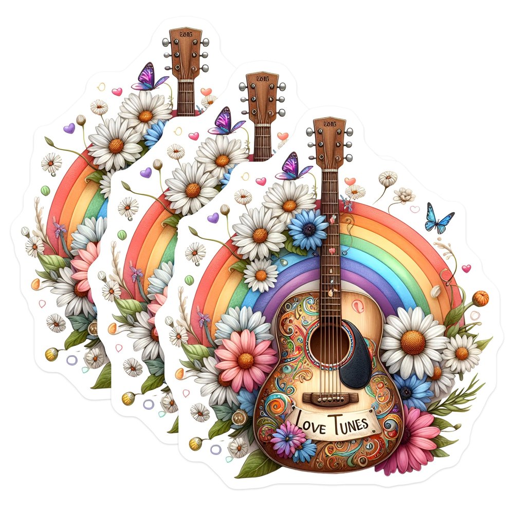 (3 Pack) Guitar Rainbow Decals - Floral Music Sticker - Love Tunes Laptop Decal - 3 Inches On Longest Side - Easy Peel & Apply - Made in USA - 3MCS7620