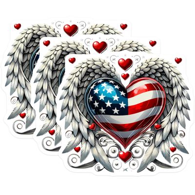 (3 Pack) American Heart Decals - Winged Heart Decal - Patriotic Decal - 3 Inches On Longest Side - Easy Peel & Apply - Made in USA - 3MCS8724
