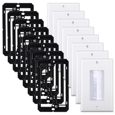 8 Pack Brush Wall Plate with Low Voltage Mounting Bracket, Cable Pass Through Insert for Wires, Single Gang Cable Access Strap, Wall Plate Cable Pass Through, Wall Socket for HDTV (White)