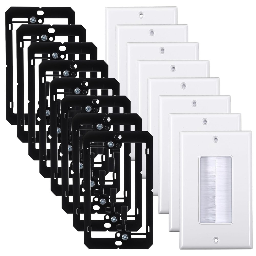 8 Pack Brush Wall Plate with Low Voltage Mounting Bracket, Cable Pass Through Insert for Wires, Single Gang Cable Access Strap, Wall Plate Cable Pass Through, Wall Socket for HDTV (White)