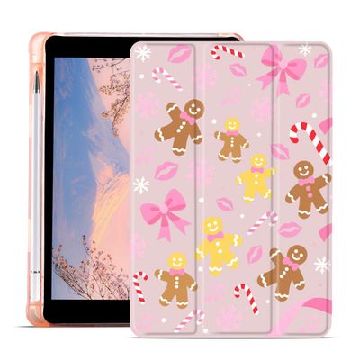 AdorableWhimsy Cute Gingerbread Case for iPad Pro 13 Inch M4(2024) 7th Generation with Pencil Holder Christmas Snowflake Bow Trifold Stand Leather Cover Soft Back Auto Wake/Sleep