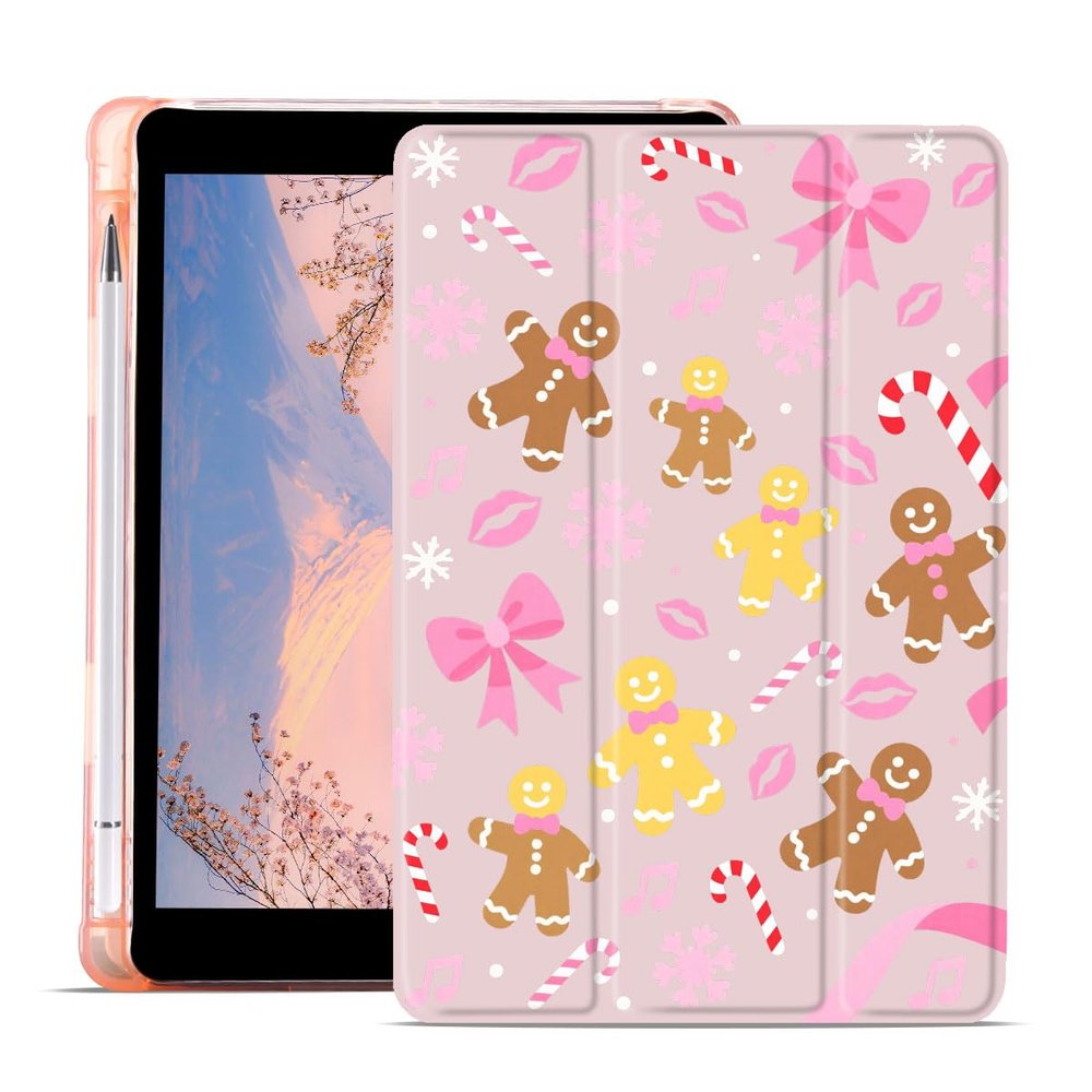 AdorableWhimsy Cute Gingerbread Case for iPad Pro 13 Inch M4(2024) 7th Generation with Pencil Holder Christmas Snowflake Bow Trifold Stand Leather Cover Soft Back Auto Wake/Sleep