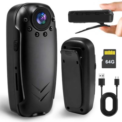 HSKAH Mini Body Camera with Audio and Video Recording -64G POV Camera Action Cam Thumb Size Hands Free Body Worn Cameras - Wearable Camcorder for Work Travel Pet Walk Vlog