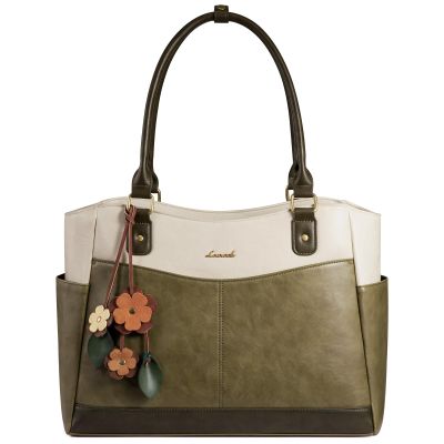 LOVEVOOK Laptop Bag for Women, 15.6inch Original Vintage Work Tote Bag Computer Office Teacher Bag with Large Cup Holder, Green-Beige-Dark Green