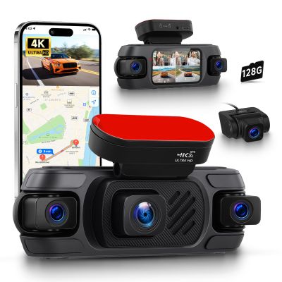 4K 360 Dash Cam 4-Channel Front/Rear/Inside/Side Car Dash Camera with WiFi, APP Control, Built-in GPS,128GB SD Card Included, 8 IR Night Vision, G-Sensor, 24/7 Parking Mode