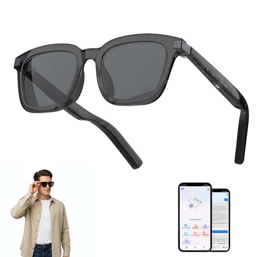 AI Smart Glasses, AI Real Time Translation Glasses with 169 Language & Accents, Auto On/Off by Wearing Sensor, Wide Face, Bluetooth Audio Glasses for Men Women, Travel Meeting Trade Business-Gray