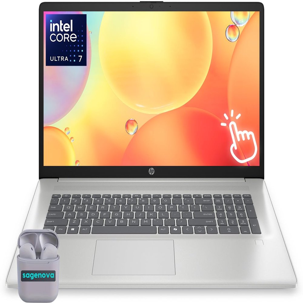 HP 17.3" Touchscreen Laptop Computer, 64GB RAM 2TB SSD, Intel Core Ultra 7 255U Processor, HD+ 1600 x 900 Display, Backlit Keyboard, Windows 11, SageNova Earphones, Silver