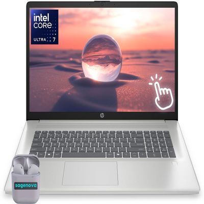 HP 17.3" Touchscreen Laptop Computer, Intel Core Ultra 7 255U Processor (12-Core, Up to 5.2 Ghz), 16GB DDR5 RAM 512GB SSD, Windows 11, Backlit Keyboard, SageNova Earphones, Natural Silver