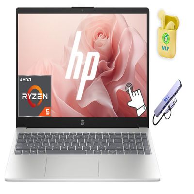 HP 15 Laptop, 15.6" Touchscreen Laptop Computer for Home Student Business, Windows 11 Laptop 8GB RAM 512GB Storage (256GB SSD+256GB Docking Station Set), AMD Ryzen 5 Processor, NLY Earphones, Silver