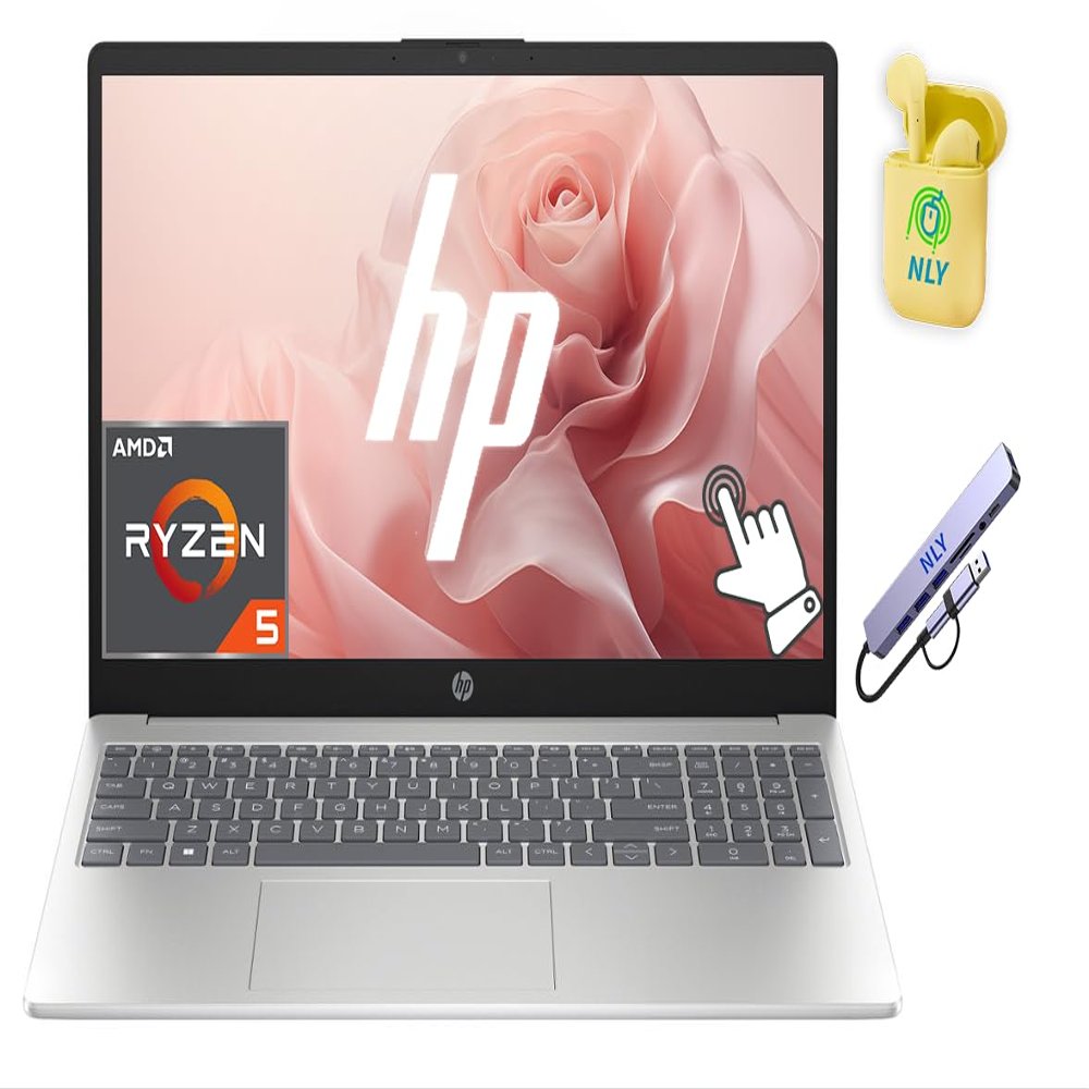 HP 15 Laptop, 15.6" Touchscreen Laptop Computer for Home Student Business, Windows 11 Laptop 8GB RAM 512GB Storage (256GB SSD+256GB Docking Station Set), AMD Ryzen 5 Processor, NLY Earphones, Silver