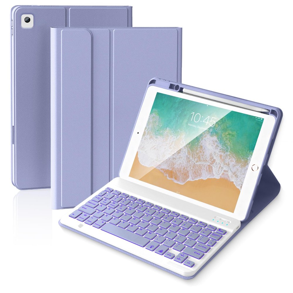 ABEIFAN iPad 6th/5th Generation Case with Keyboard 2018/2017,Smart Folio Cover, Wireless Detachable Backlit Keyboard with Pencil Holder for iPad Air 2/Air,iPad 9.7 inch,Purple